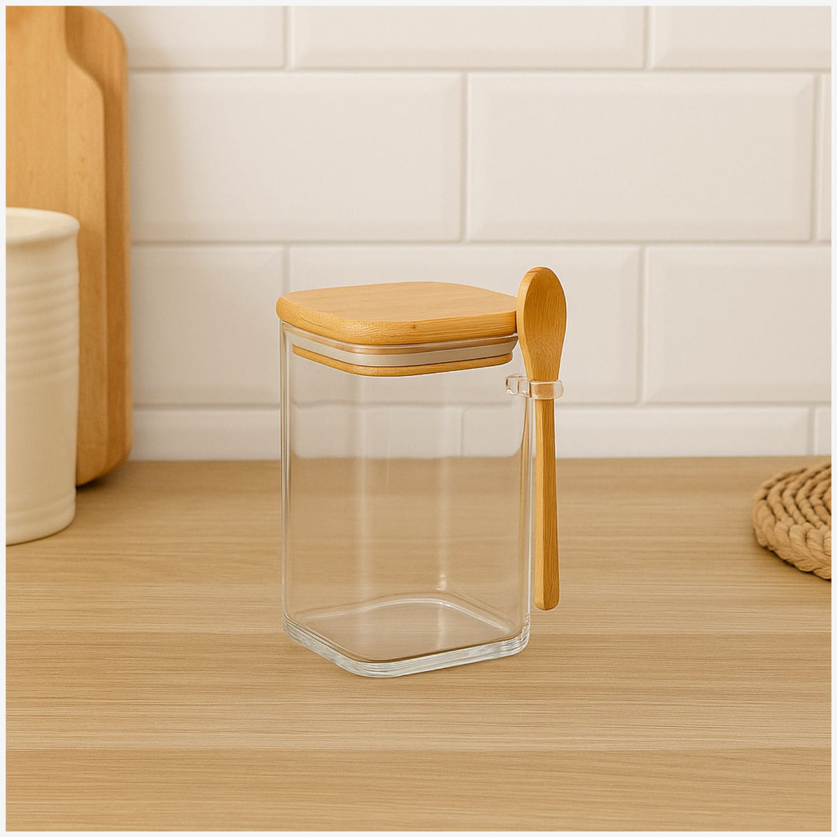 Frasco Contenedor Vidrio 1400mL 15cm Cuadrado Cuchara Bambú. Ideal para almacenar alimentos frescos y saludables. ¡Compra ahora y organiza tu cocina!-1