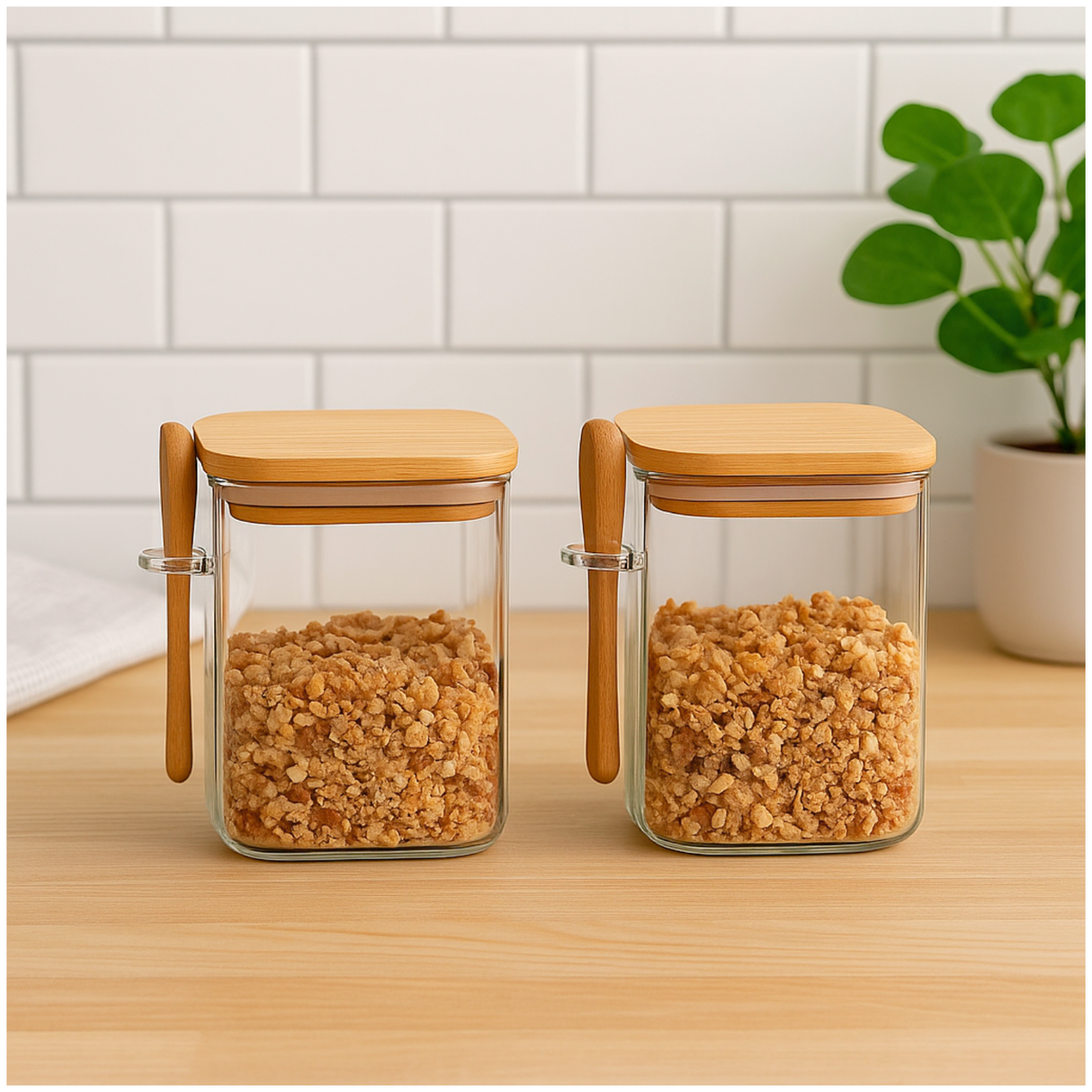 Set 2 Frasco Contenedor 1400mL 15cm Cuadrado Cuchara Bambú. Perfecto para organizar tu cocina con estilo. ¡Compra ahora y transforma tu espacio!-1