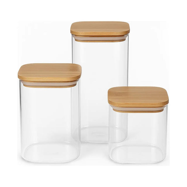Set 3 Frascos Tarro Contenedor Hermético Vidrio Tapa Bambú. Perfectos para conservar tus alimentos frescos y organizados. ¡Compra ahora y mejora tu cocina!-1