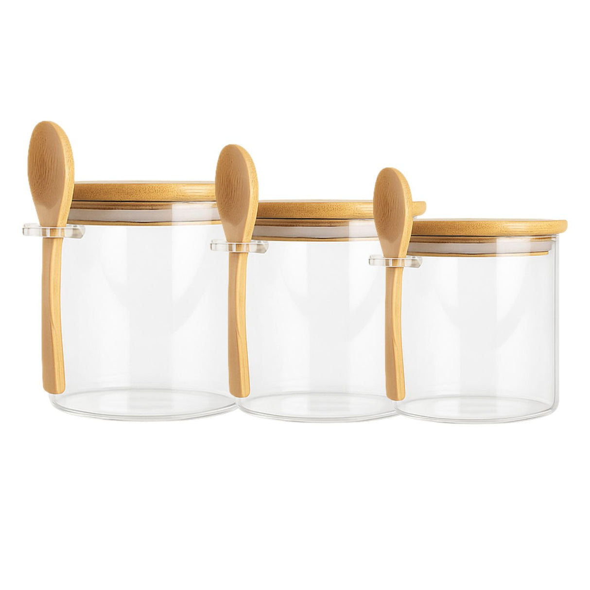 Set 3 Frascos Hermético Redondo Vidrio Cuchara Tapa Bambú. Perfectos para conservar tus alimentos frescos y organizados. ¡Compra ahora y mejora tu cocina!-1