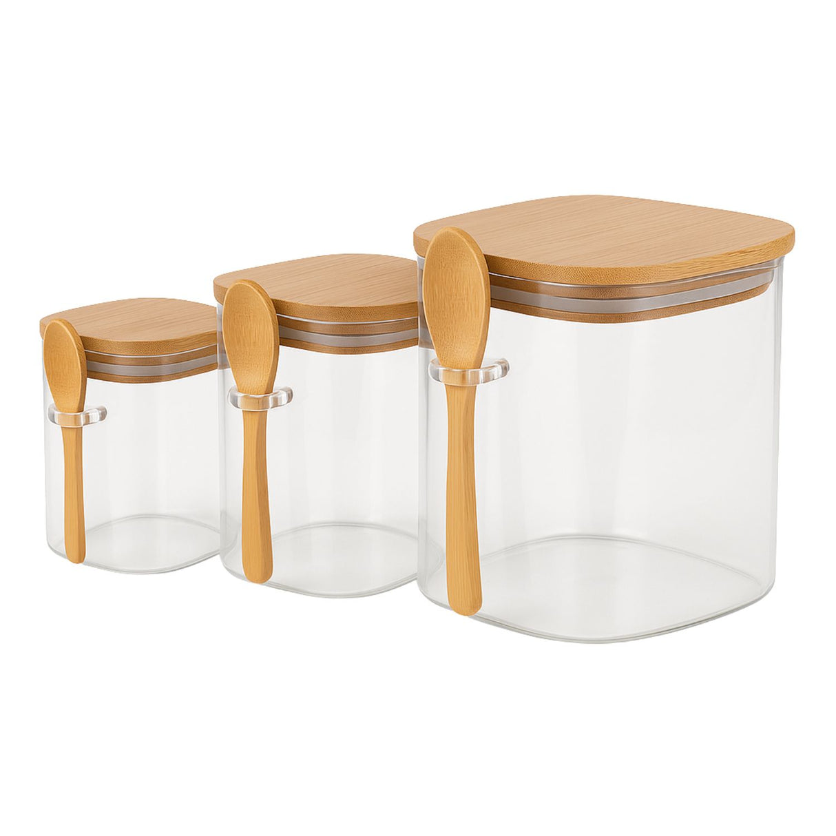 Set 3 Frascos Herméticos Cuadrado Vidrio Con Cuchara Bambú. Perfectos para conservar alimentos frescos y organizados. ¡Compra ahora y mejora tu cocina!-1