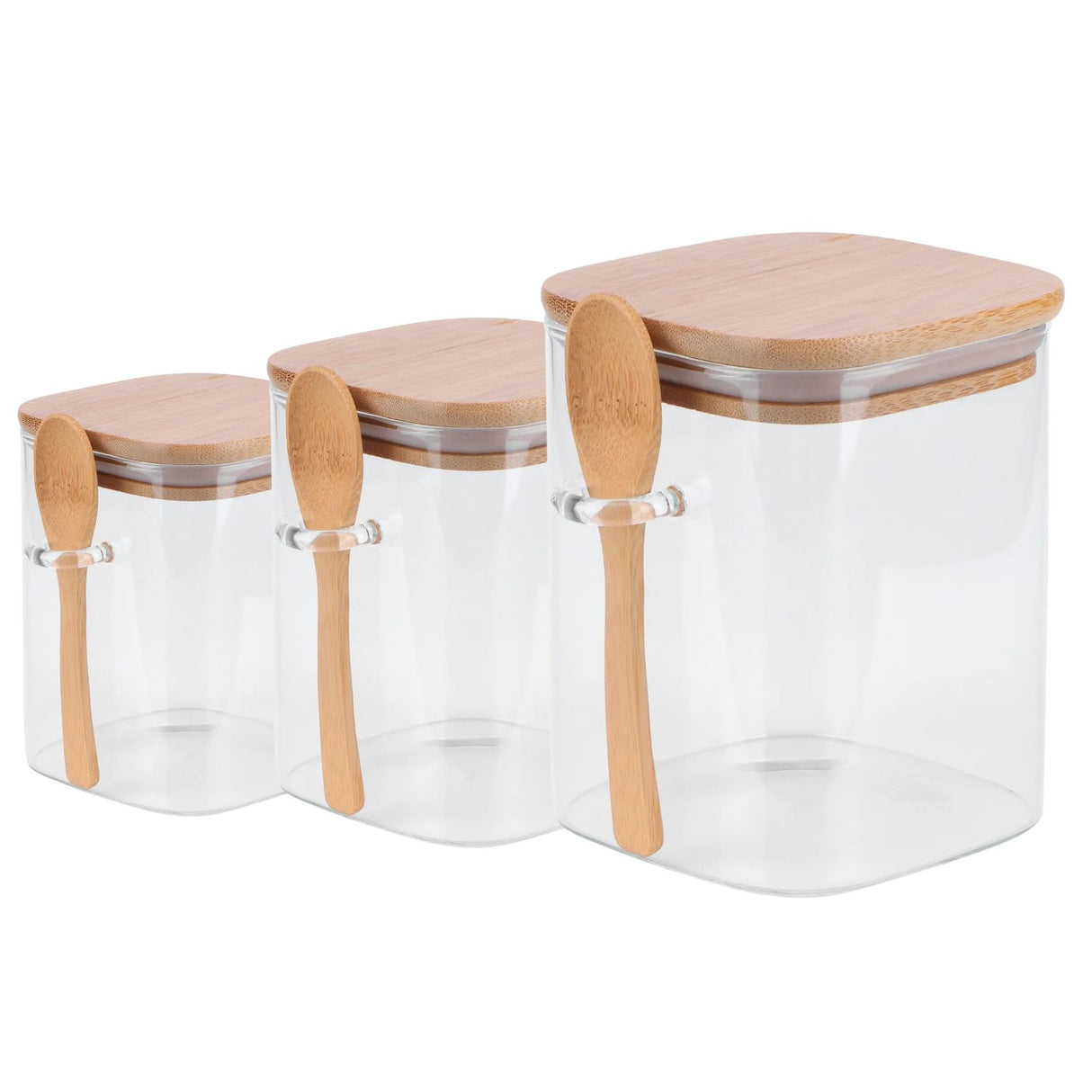 Set 3 Frascos Tarros Cuadrado Vidrio Con Cuchara Bambú. Perfectos para organizar tu cocina con estilo. ¡Compra ahora y transforma tu espacio!-1