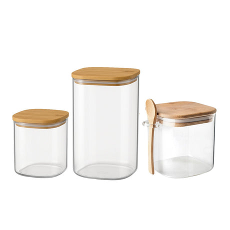 Set 3 Frascos Tarros Herméticos Vidrio Con Tapa Bambú. Perfectos para conservar tus alimentos frescos y organizados. ¡Compra ahora y mejora tu cocina!-1