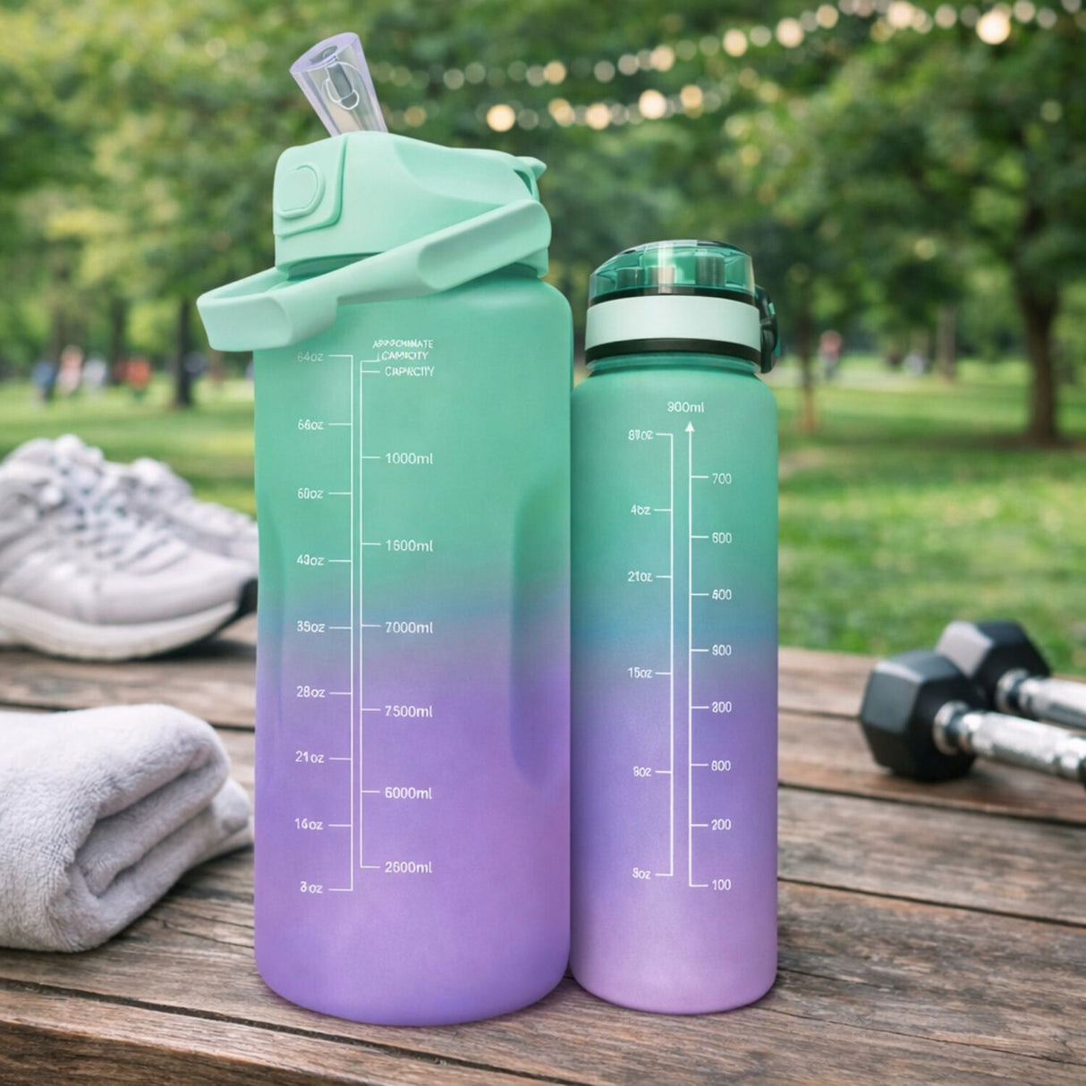 Set Botellas Deportivas Degrade Verde Morado 2000 mL + 900 mL | Disparo.cl