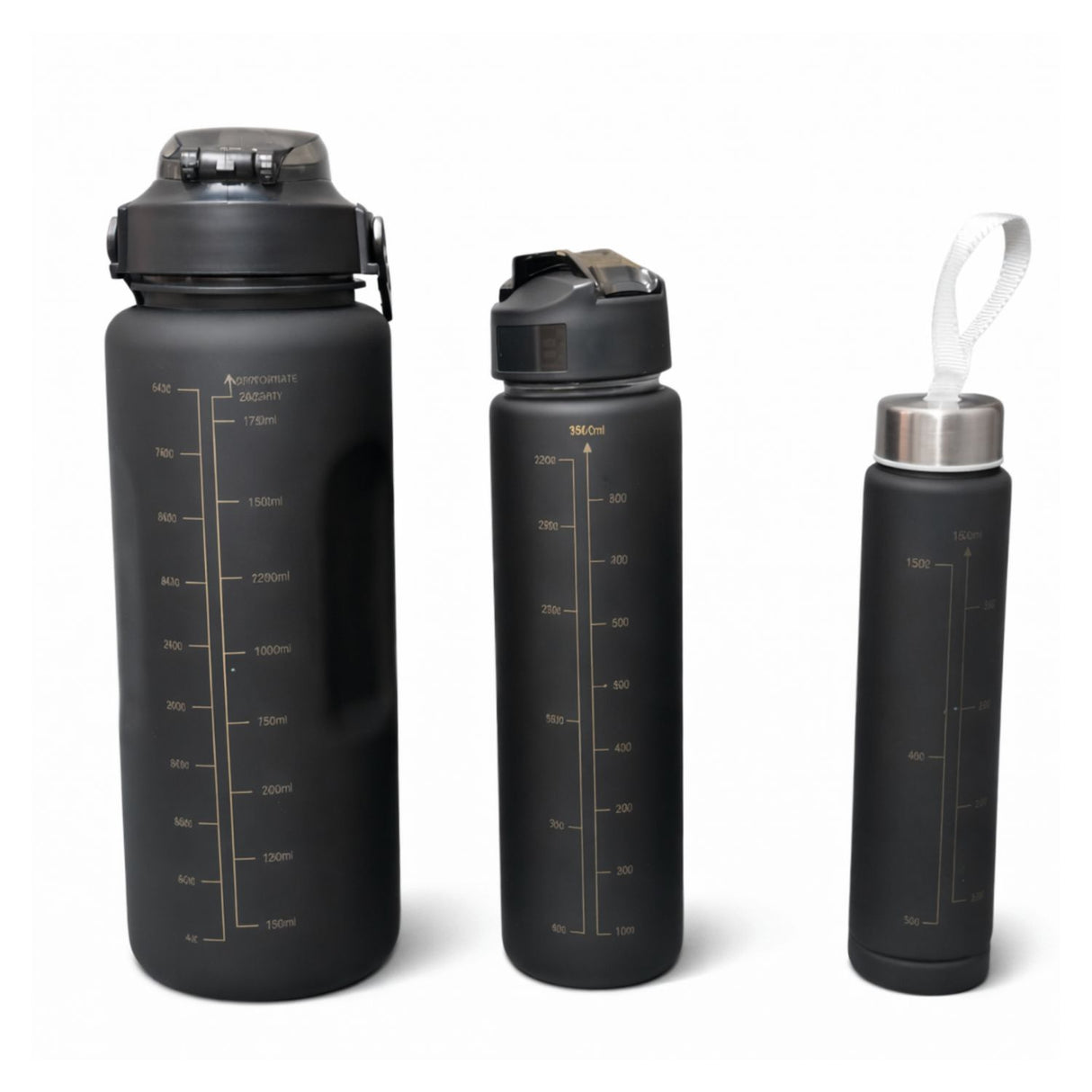 Set Botellas Deportivas Negras 2000 mL + 900 mL + 280 mL