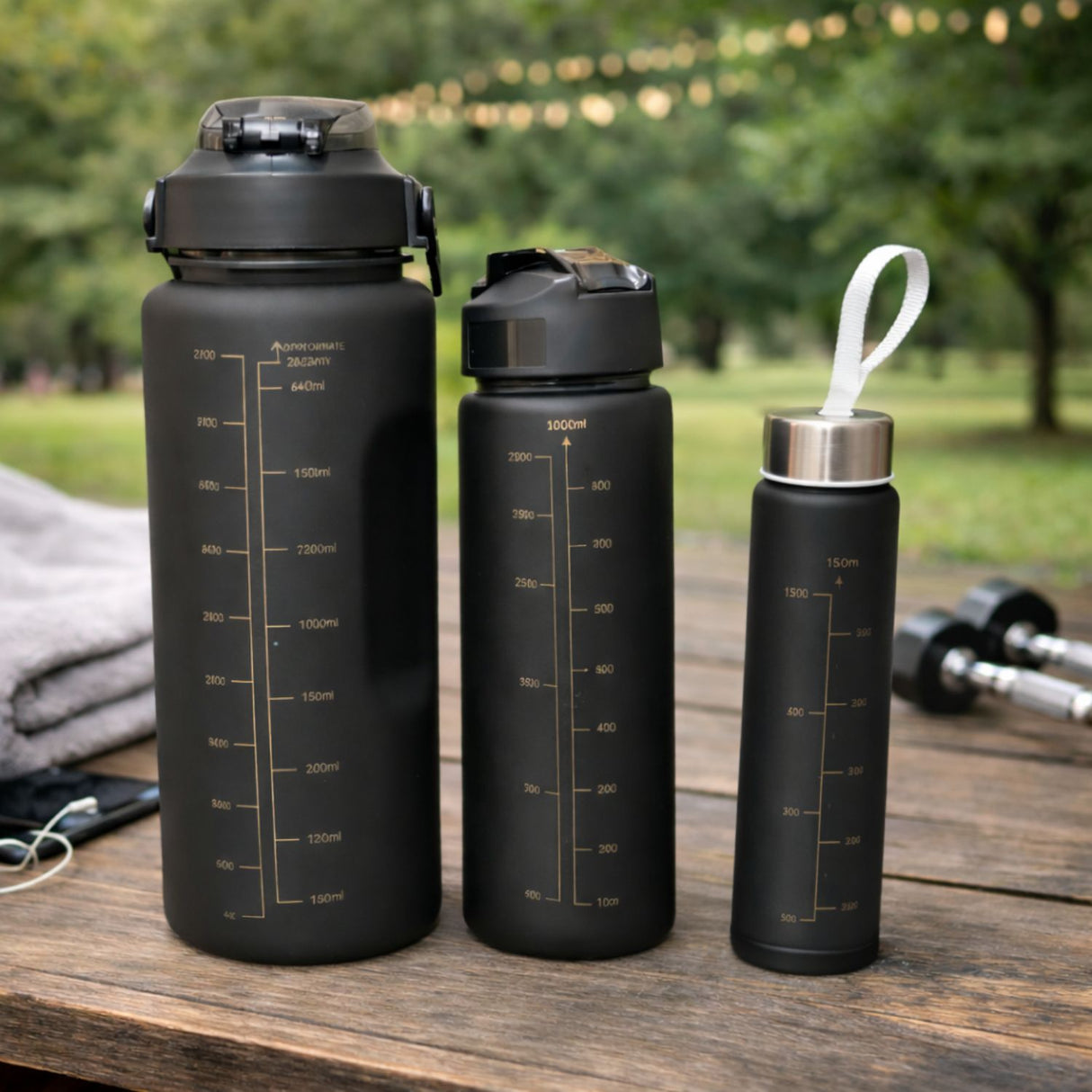 Set Botellas Deportivas Negras 2000 mL + 900 mL + 280 mL