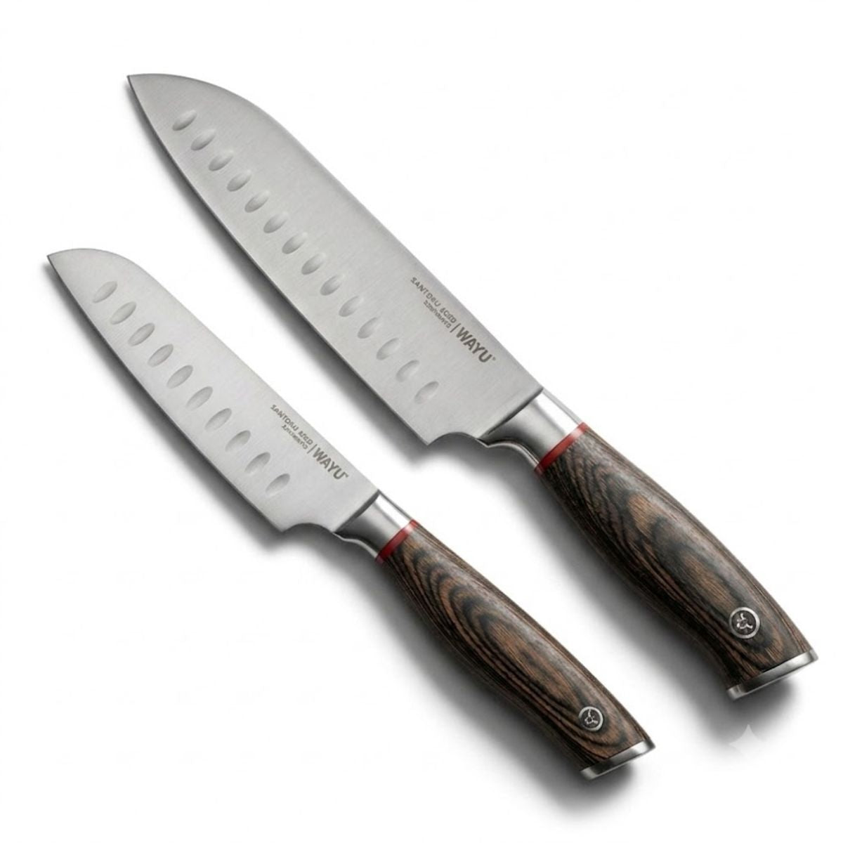 Set 2 Cuchillos Santoku Ring Red Wayu Cocina Precision Fondo blanco