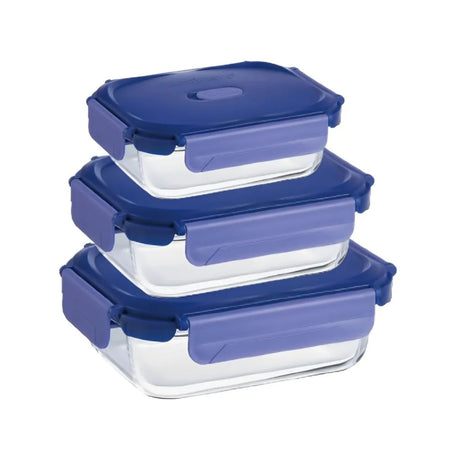 set de contenedores de vidrio con tapa azul