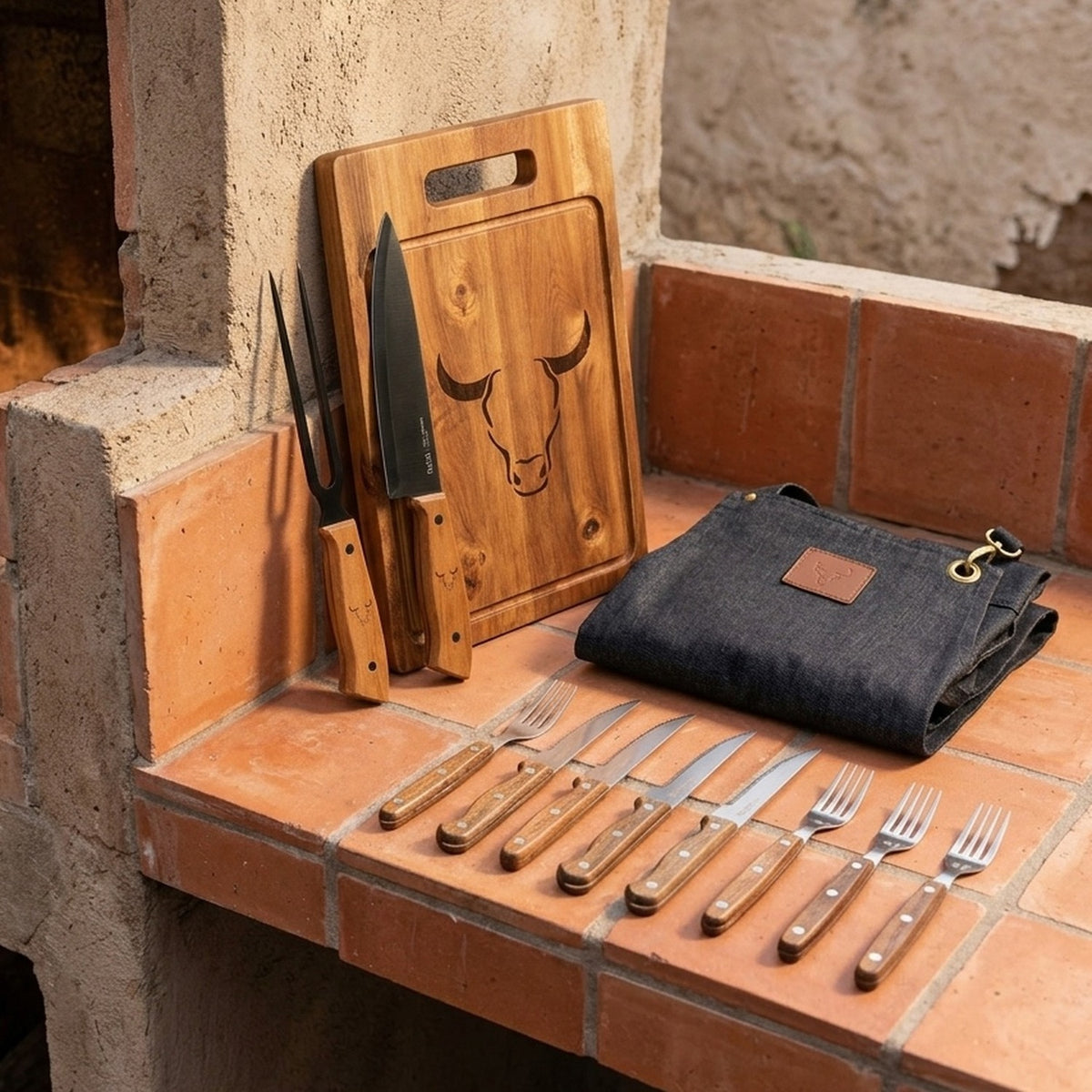 Set Parrillero Wayu Tabla Cuchillo Tenedor Delantal Marrón