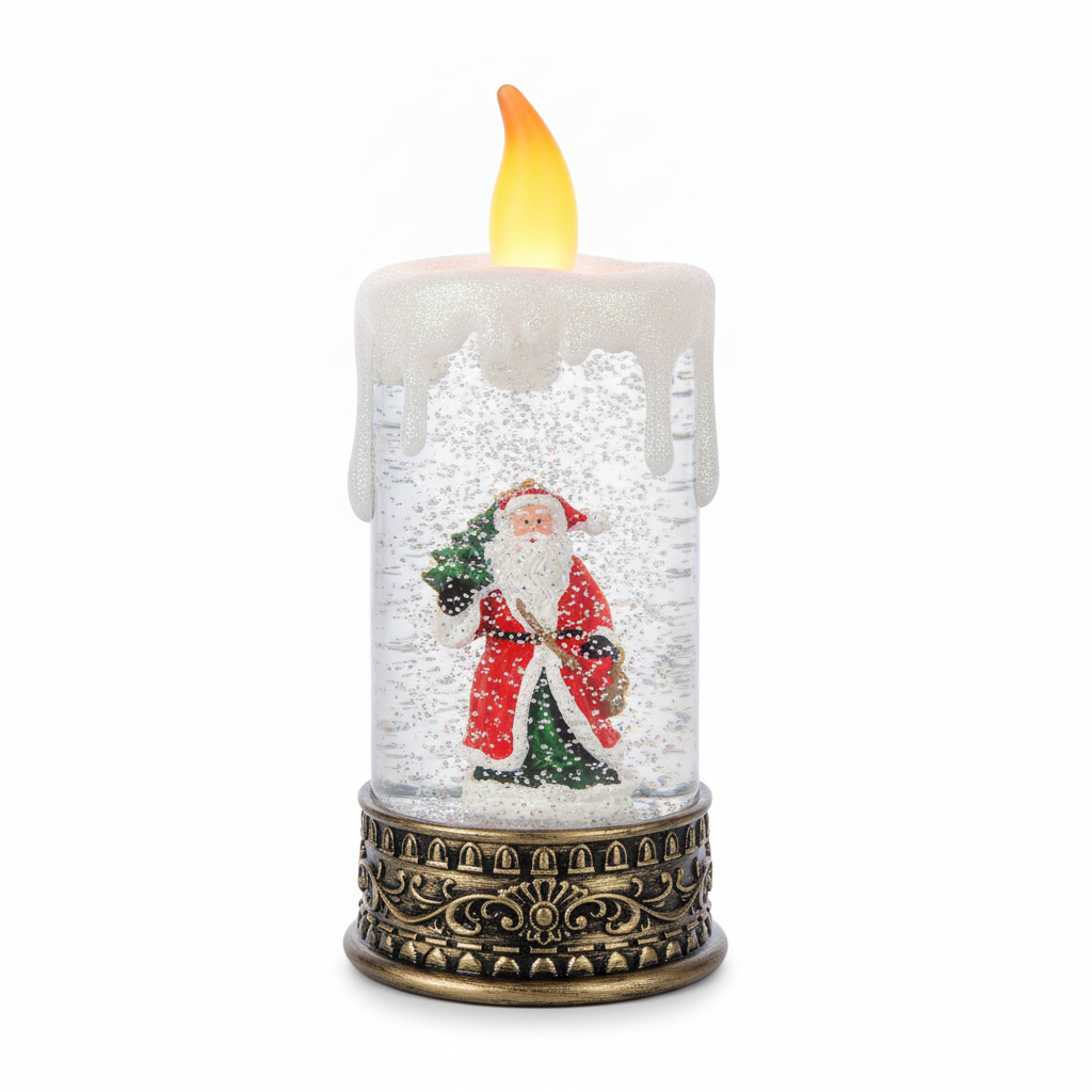 Adorno navideño vela viejito pascuero musical LED glitter vista frontal fondo blanco