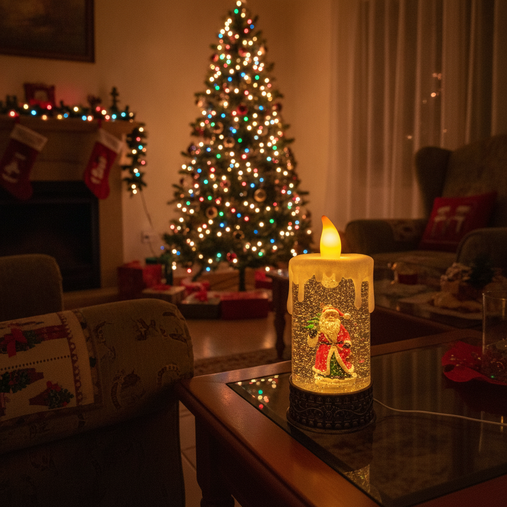 Vela navideña con santa claus brillos encendida decorando living hogar chileno navidad