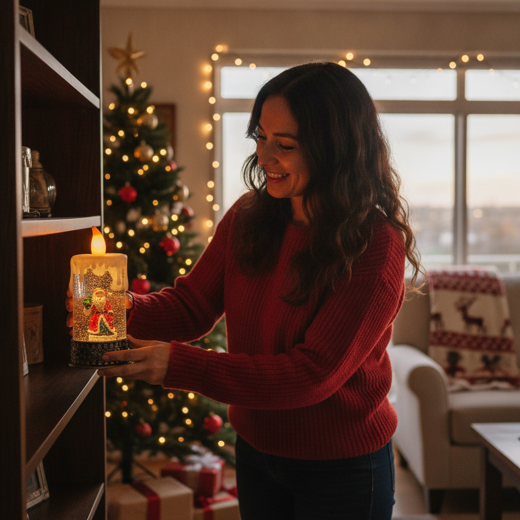 Mujer chilena decorando estante con vela navideña santa claus luz LED brillos