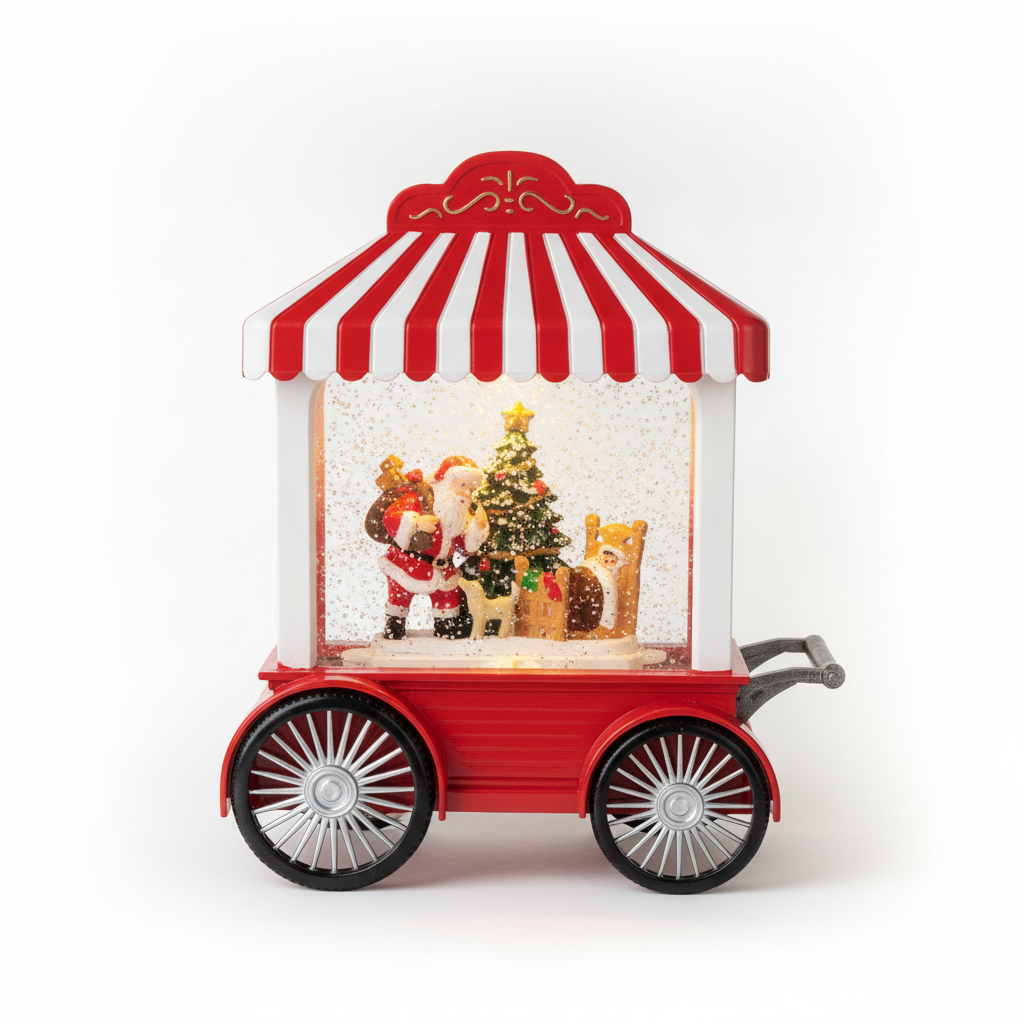 Adorno navideño carrito Viejito Pascuero luz musical USB vista frontal fondo blanco
