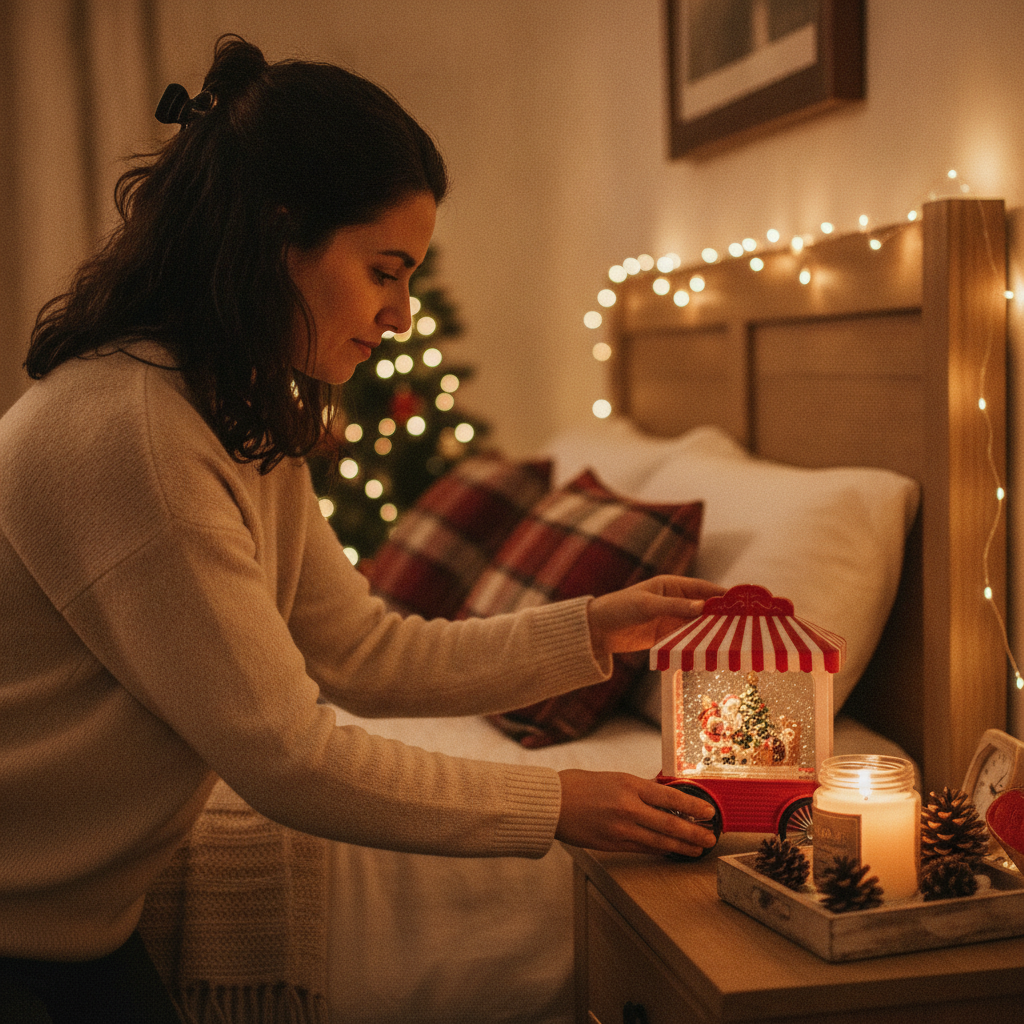 Mujer decorando dormitorio con carrito navideño Viejito Pascuero luz musical