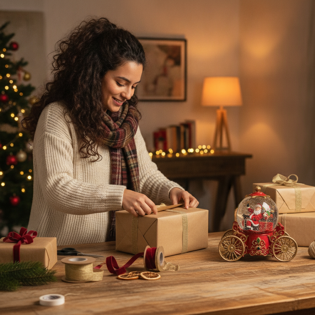Adorno carruaje santa claus musical regalo navidad mujer chilena envolviendo regalos