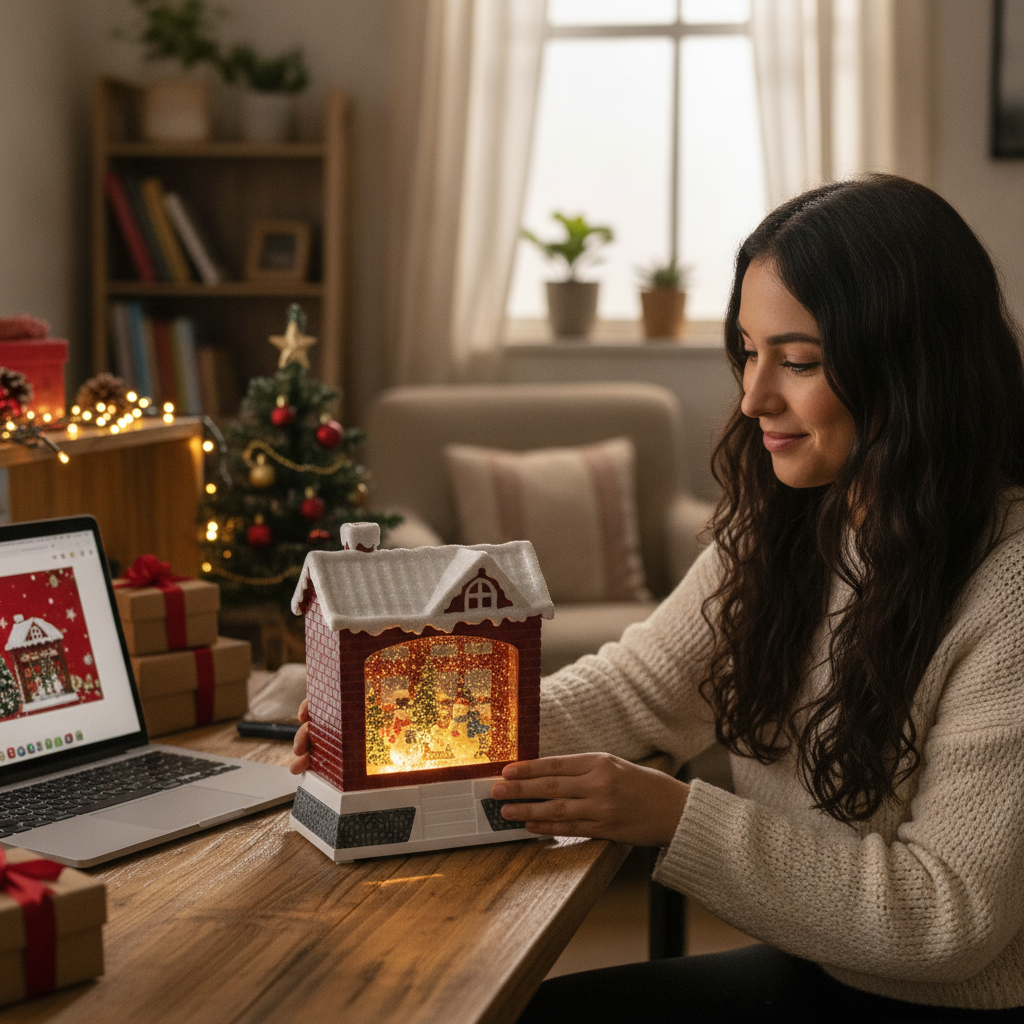 Mujer colocando farol casa navideña escritorio decoracion navidad hogar