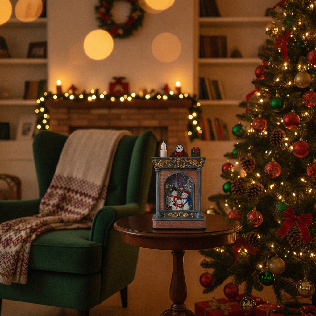 Adorno chimenea navideña con luz glitter en living chileno navidad