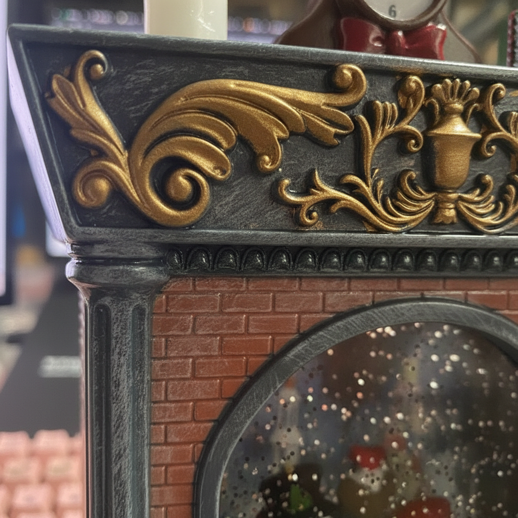 Detalle textura resina ornamentos dorados adorno chimenea navideña