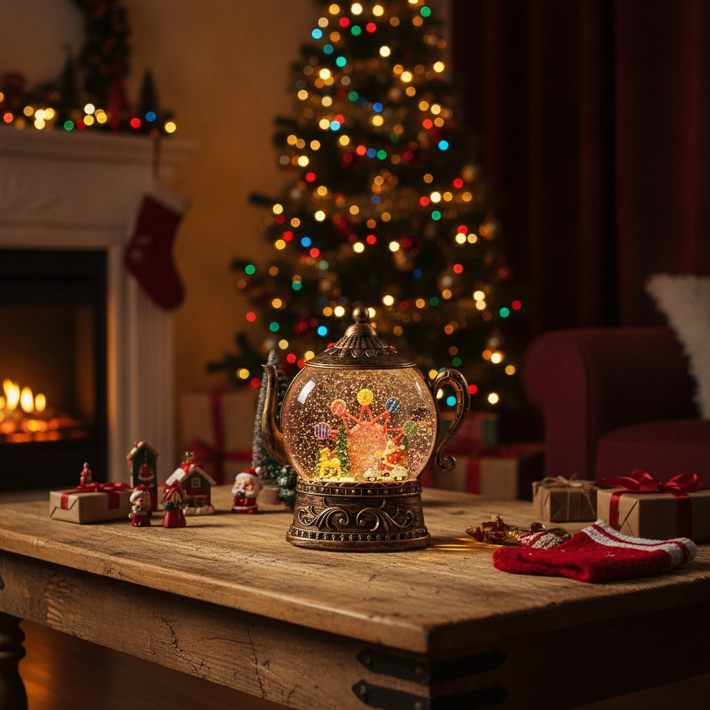 Adorno tetera navideña con luz brillos dorados decoracion living chileno Navidad