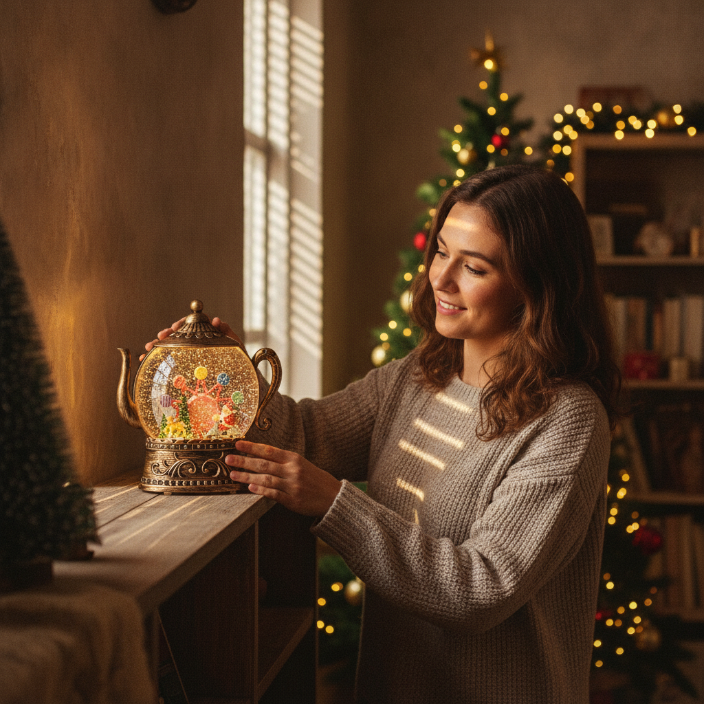 Mujer chilena decorando living con adorno tetera musical Viejito Pascuero Navidad