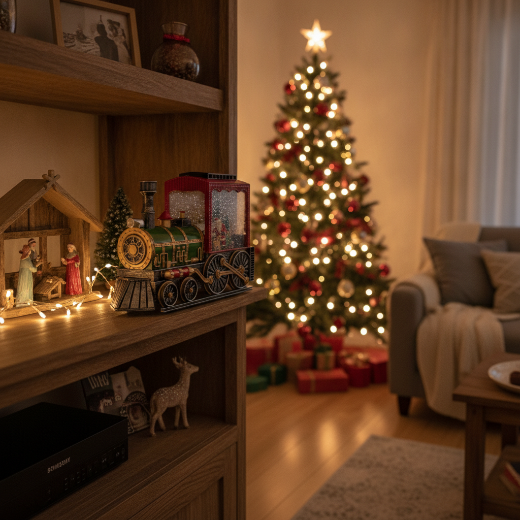Tren navideño musical decorativo sobre repisa living hogar chileno