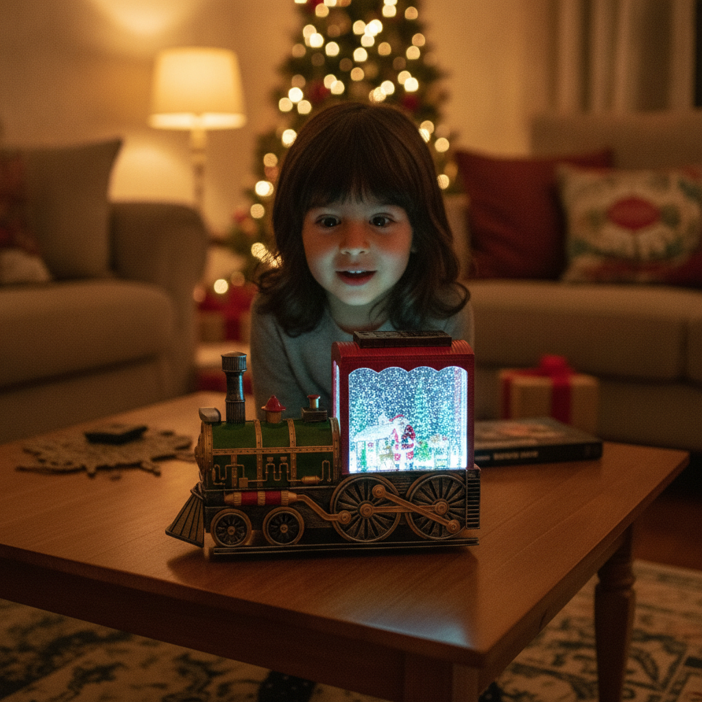 Niño mirando adorno tren viejito pascuero con luz y nieve brillante
