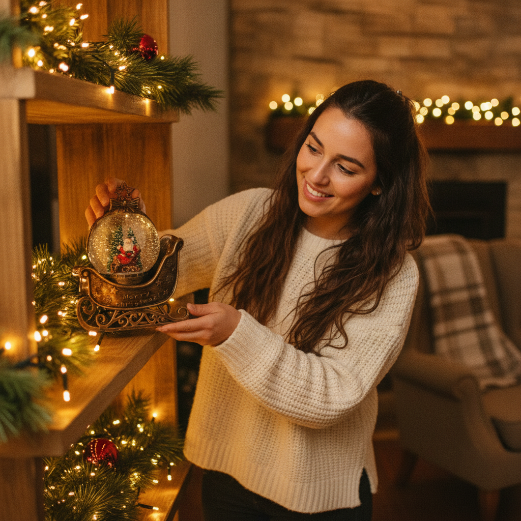 Mujer chilena colocando adorno trineo navideño musical en repisa decorada