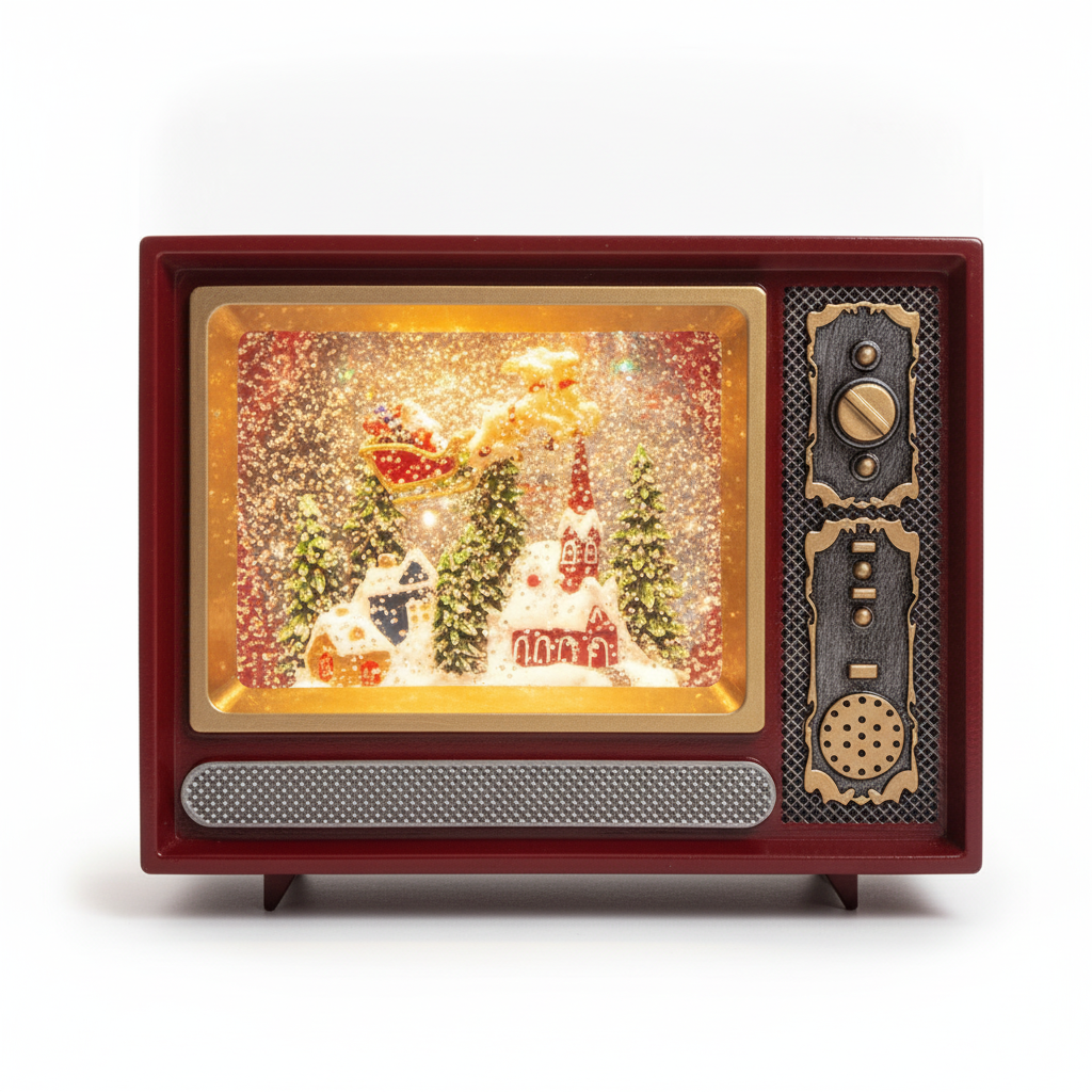 Adorno navideño televisor retro viejito pascuero musical luz LED vista frontal