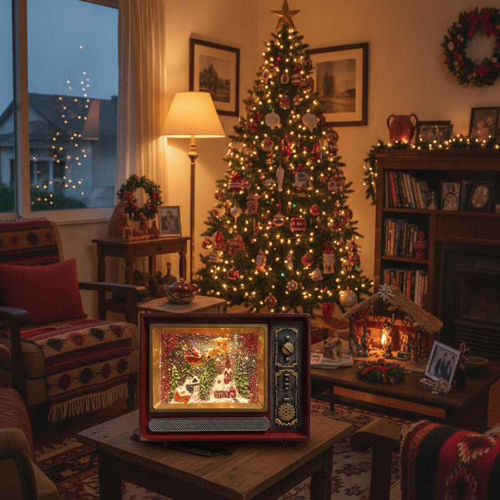 Adorno TV retro navideño decorando living chileno con árbol de navidad