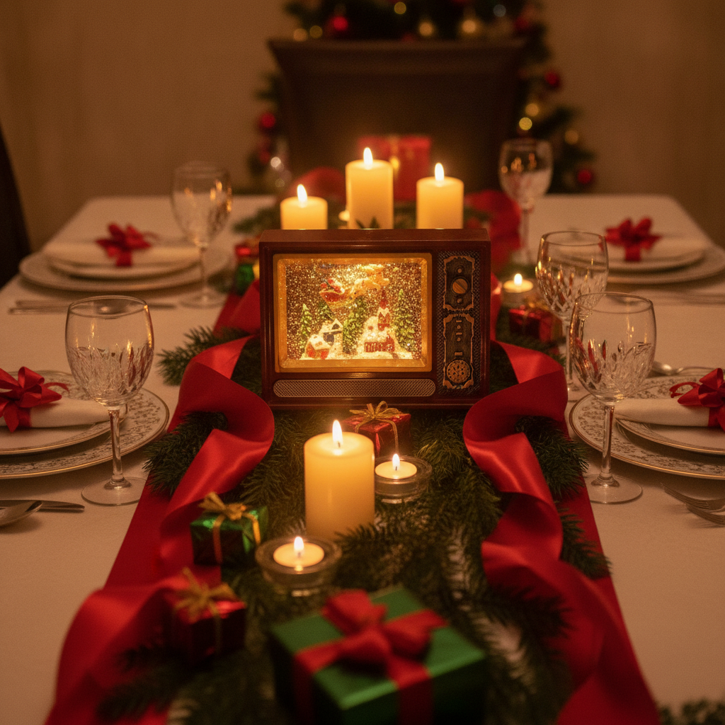 Decoración navideña televisor retro como centro de mesa cena navidad chilena
