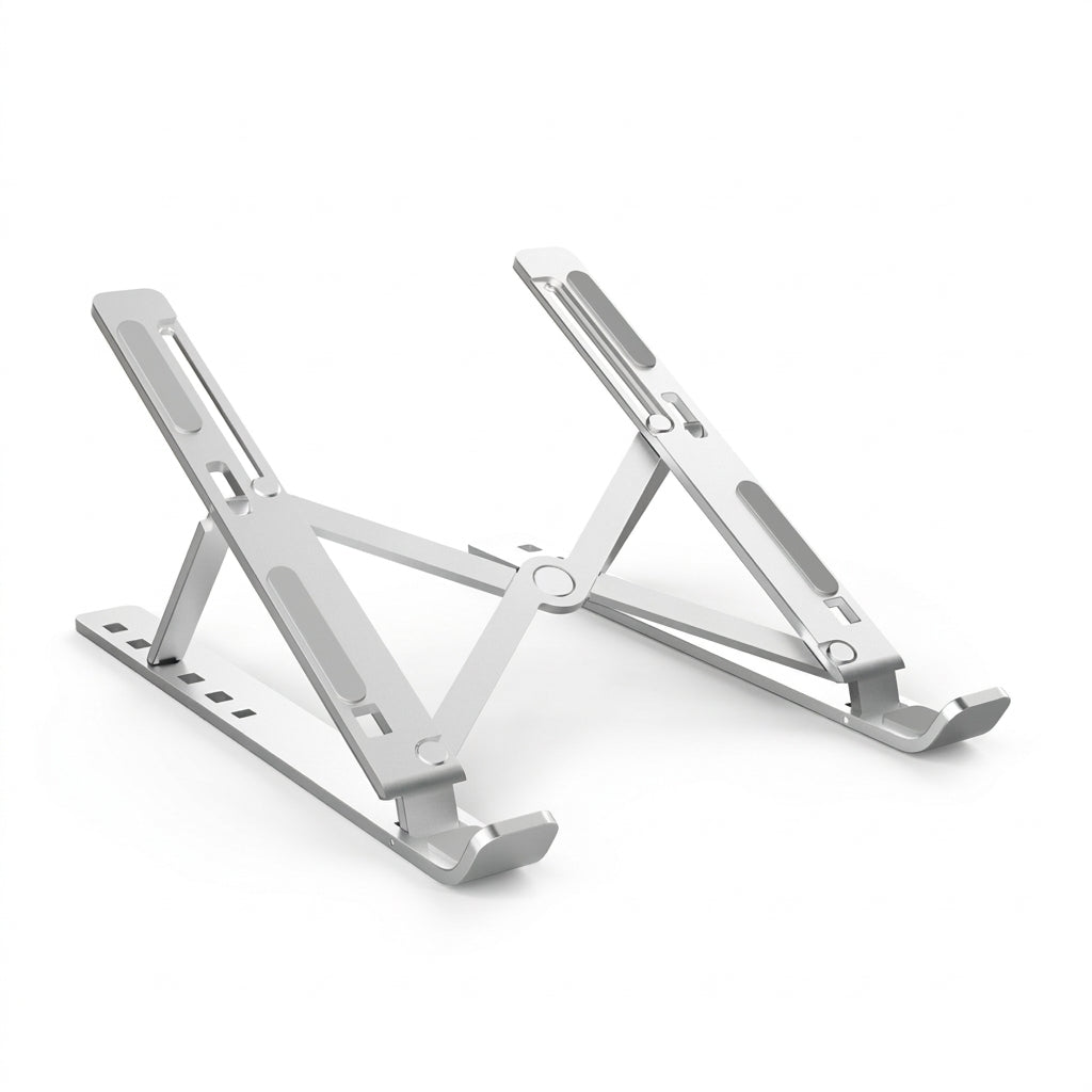 Alzador notebook aluminio plegable soporte elevador escritorio vista frontal fondo blanco
