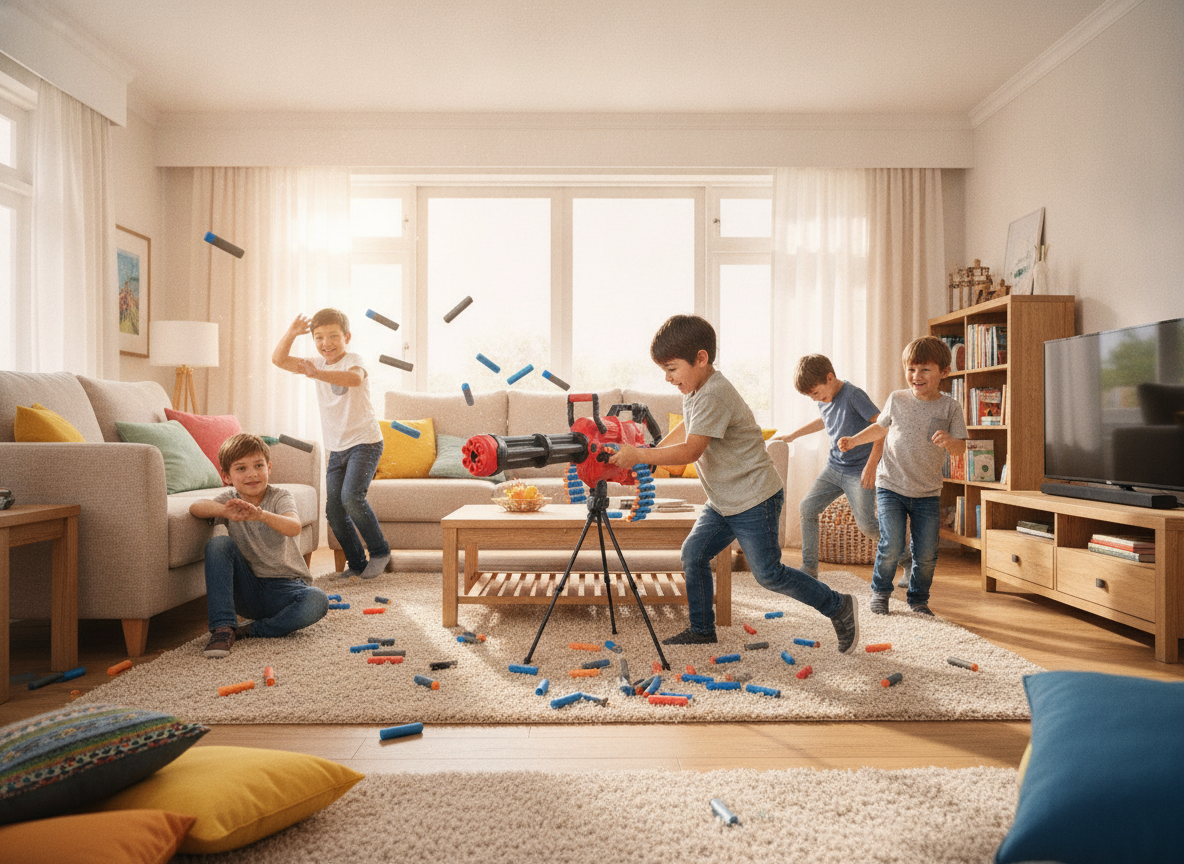 Niños chilenos en living jugando con pistola juguete dardos eléctrica en trípode