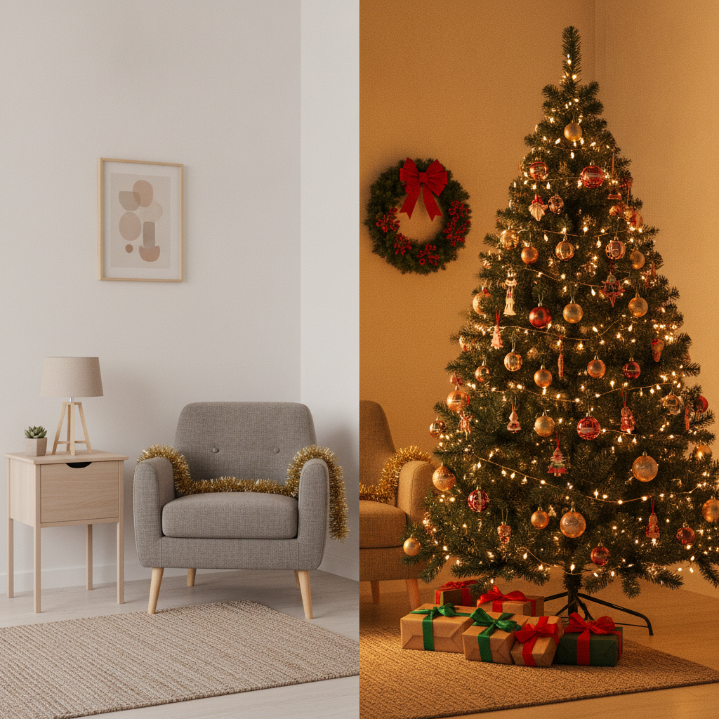 Arbol navidad frondoso verde 180cm decorando comedor familiar en navidad