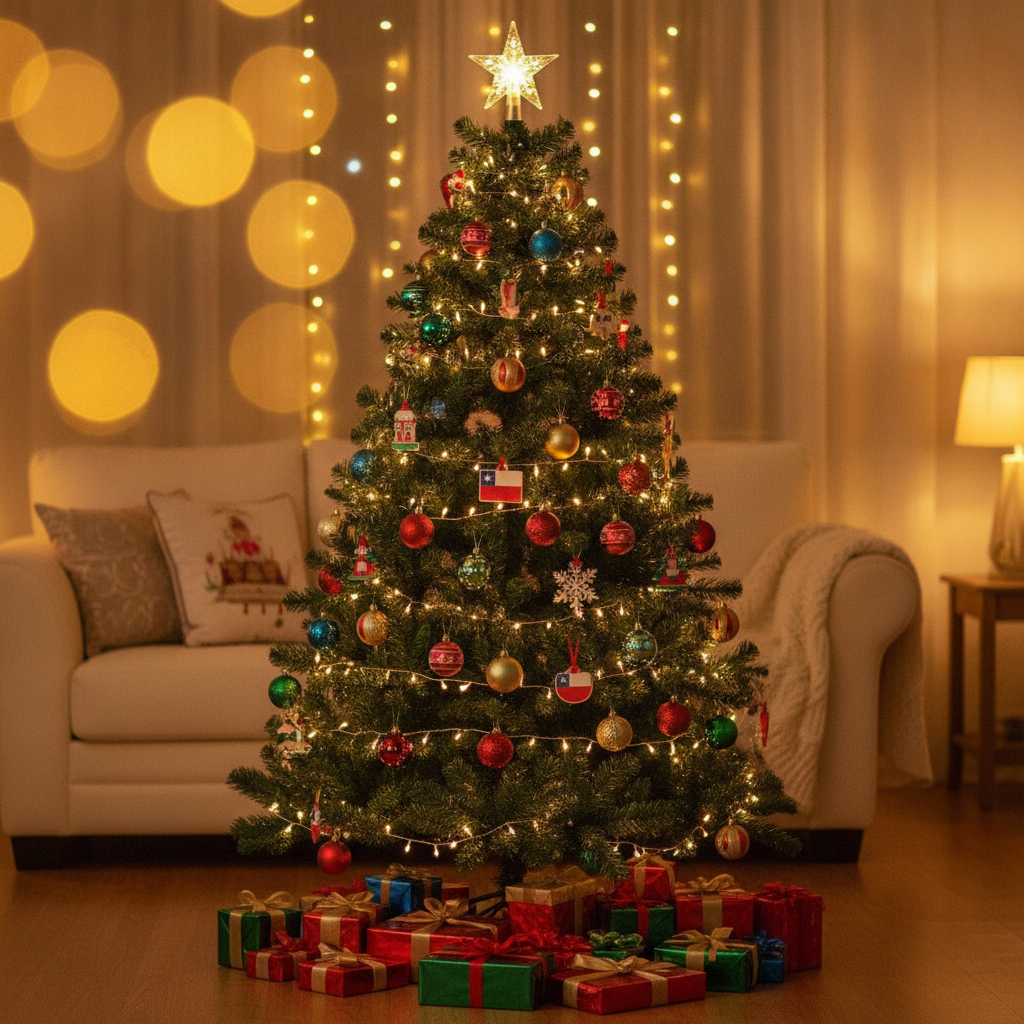 Árbol navidad artificial 210cm decorado en living chileno con adornos y luces