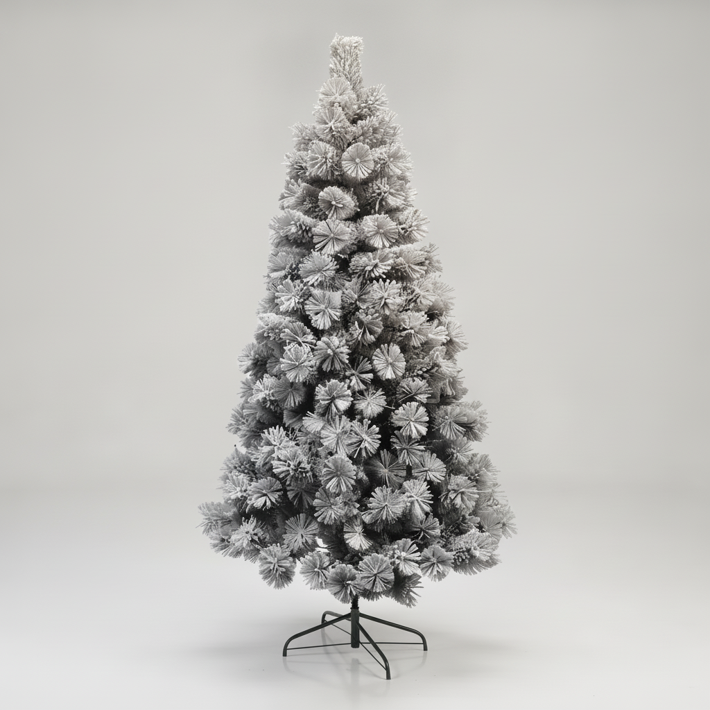 Árbol de Navidad artificial nevado 210cm base metálica vista frontal fondo blanco