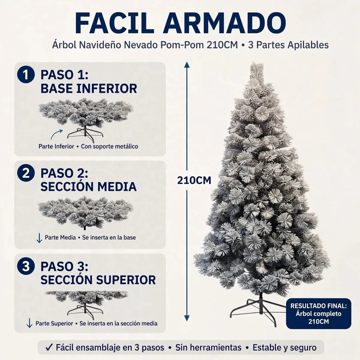 Árbol navideño nevado frondoso 210cm decorando living moderno chileno