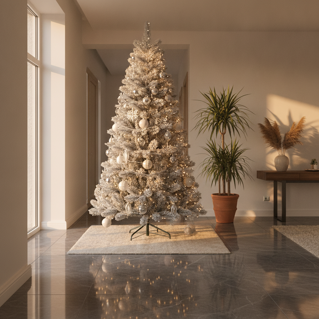Pino navideño artificial con efecto nieve 210cm en entrada hogar chileno