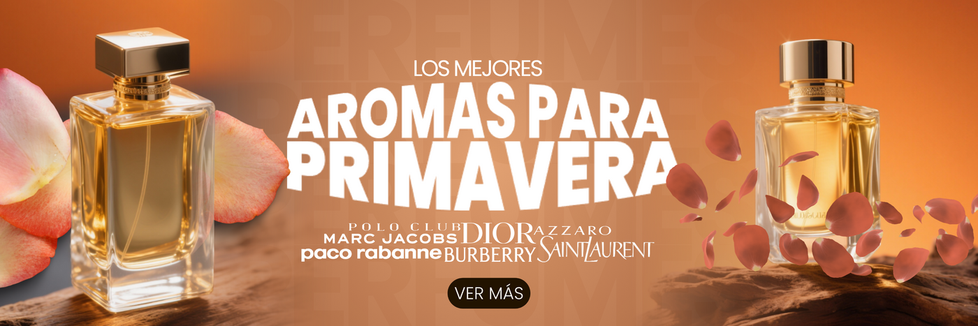 Banner publicitario con dos frascos de perfume dorados, pétalos de rosa y el texto "Los mejores aromas para primavera" junto a marcas como Dior, Paco Rabanne, Burberry y Saint Laurent.