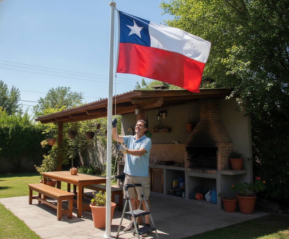 Persona instalando bandera chilena grande mástil patio quincho verano