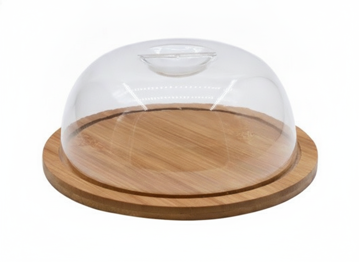 Base madera bambú 19cm con tapa domo transparente vista frontal fondo blanco