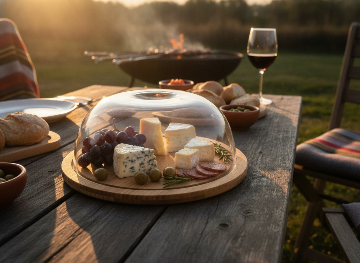 Base para tortas bambú con tapa acrílica en mesa de asado chileno al aire libre