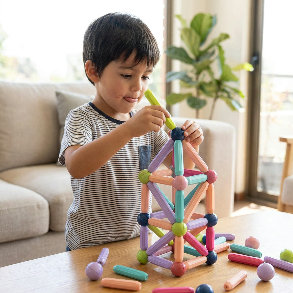 Manos de niño conectando barra magnética curva esfera juguete construcción 3D