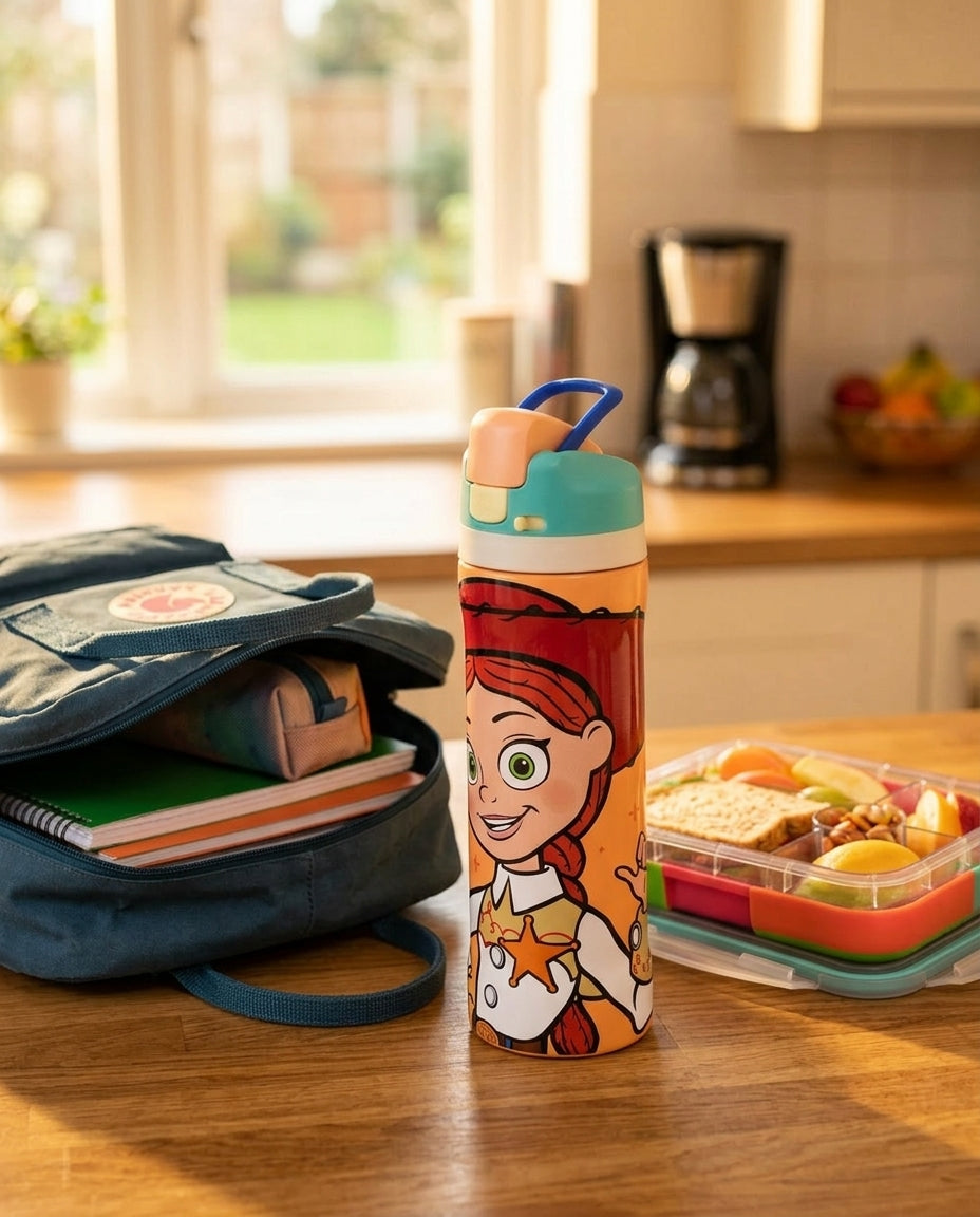 Botella infantil Jessie Toy Story mesa cocina chilena con lonchera