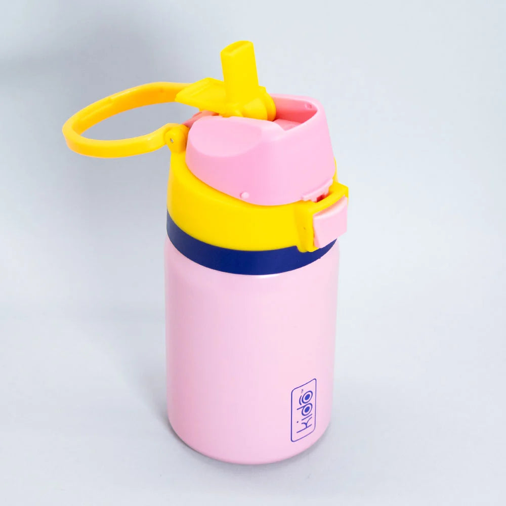 Botella térmica infantil Kido 420ml acero inoxidable rosa tapa amarilla vista frontal