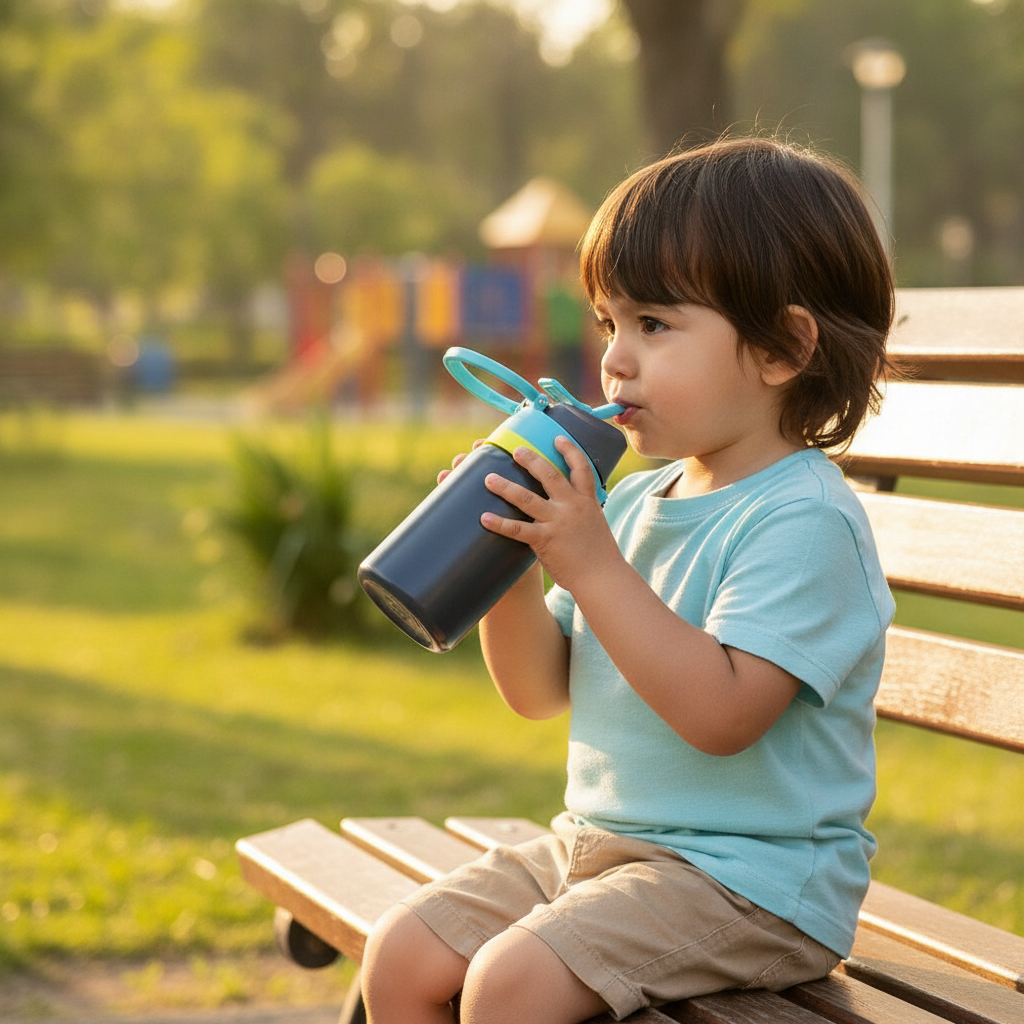 Niño chileno guardando botella deportiva térmica Kido en mochila escolar