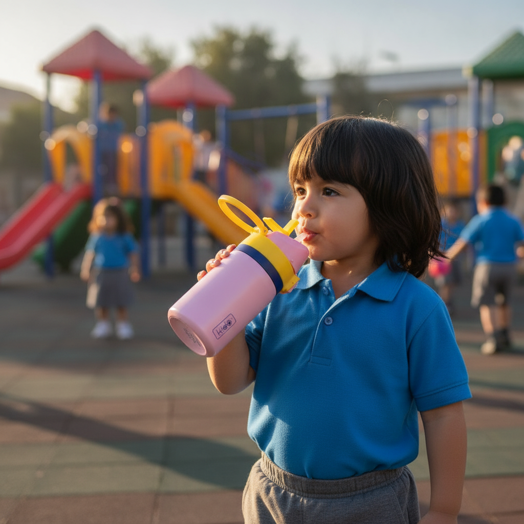 Botella deportiva infantil Kido rosa dentro de mochila escolar parque chileno