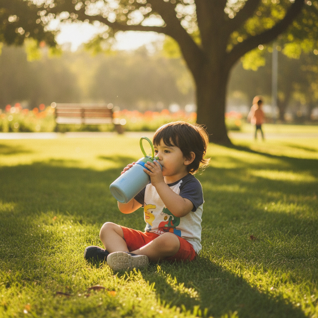 Niño chileno bebiendo de botella térmica Kido en parque al aire libre
