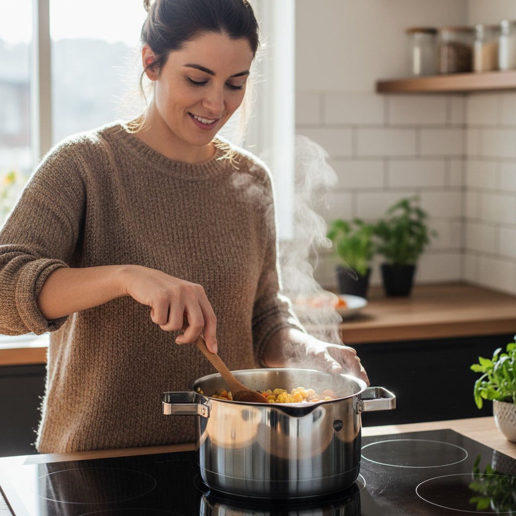 Cacerola inoxidable Wens en cocina chilena preparando cazuela con vapor