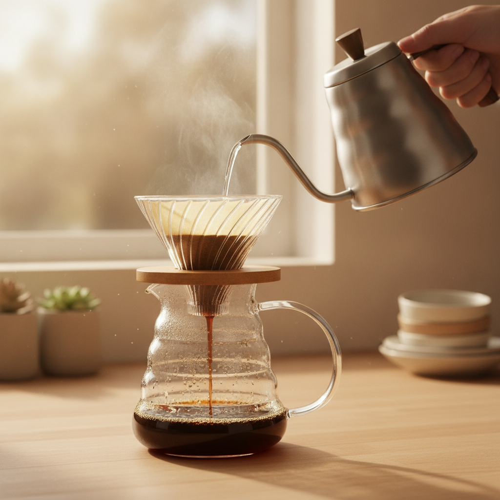 Preparación café filtrado V60 vidrio vertido agua caliente cocina chilena
