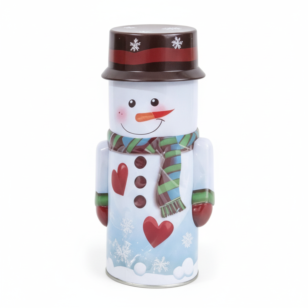 Caja metálica navideña muñeco de nieve 24cm vista frontal fondo blanco